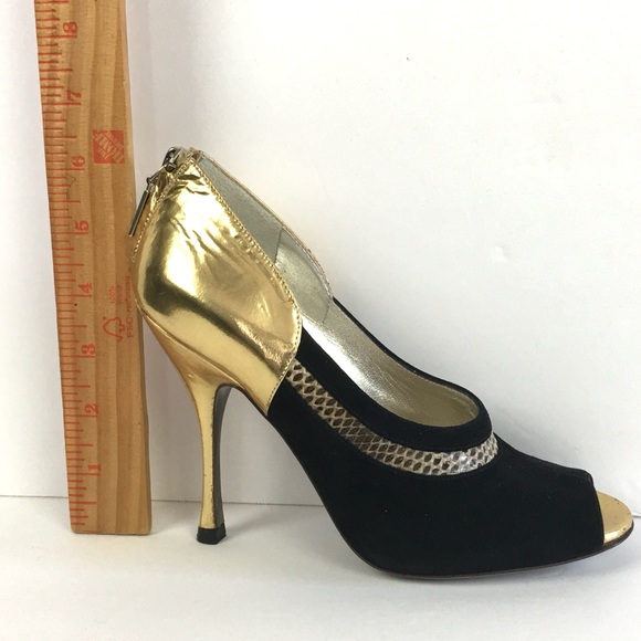 NWT Dolce & Gabbana Gold/Black Leather and Suede Peep Toe Pump Sz 36. 5 (US 6.5) - Picture 12 of 14